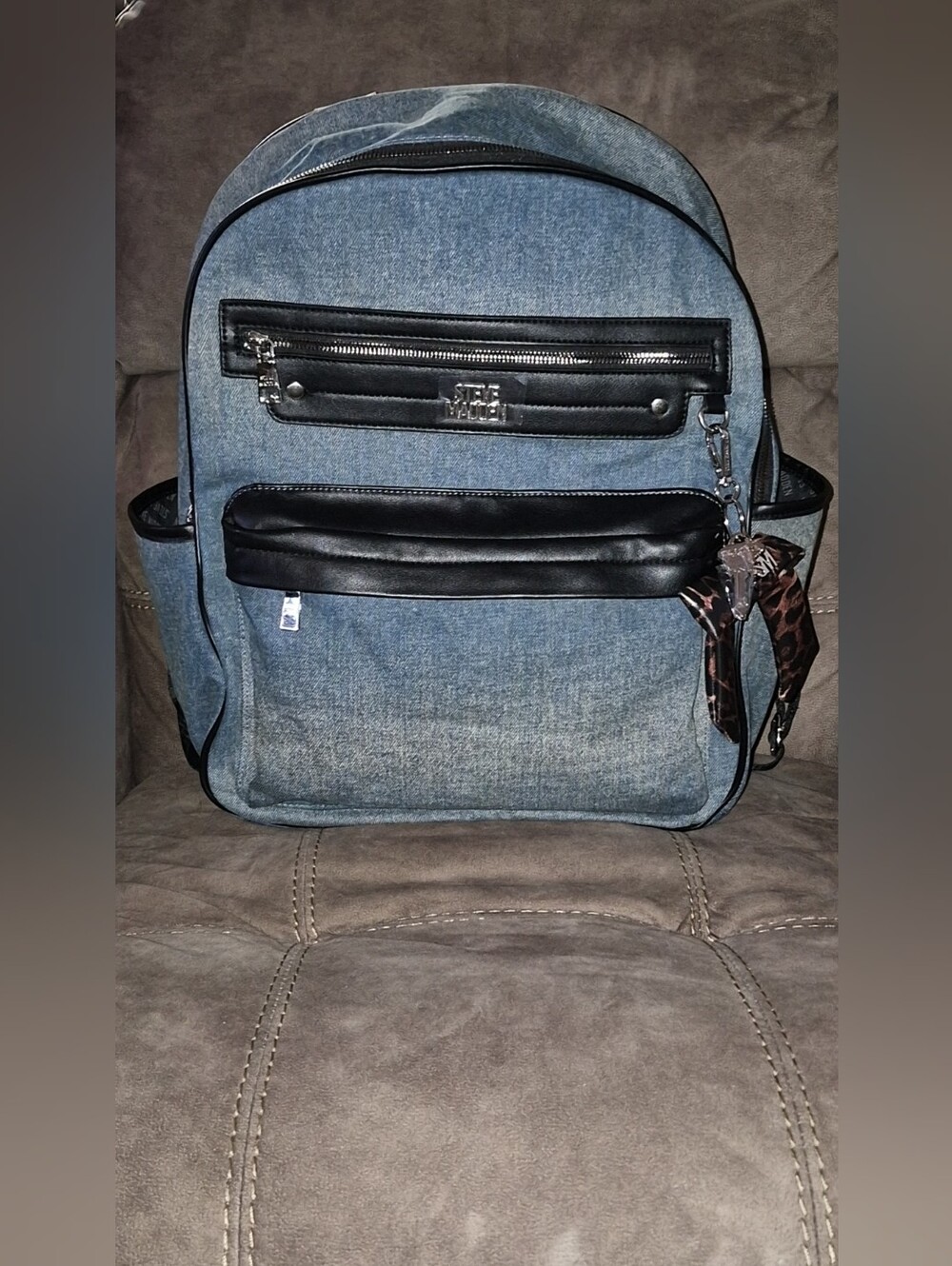 NWT Steve Madden Bsheri Washed Denim Large Backpack Bag + Leopard Bow Charm